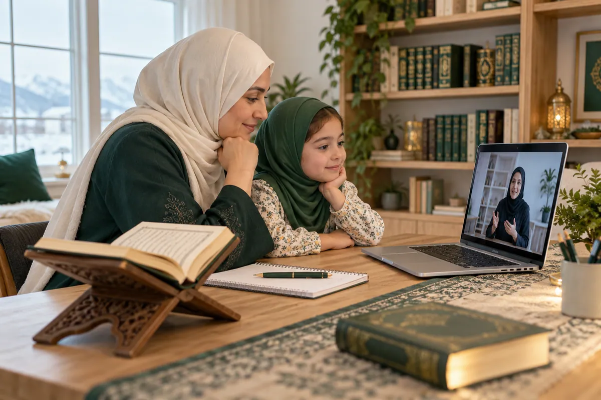 A mother in an ivory hijab and her young daughter, both attentive to a female teacher on a laptop in a calm home study with Quran learning materials