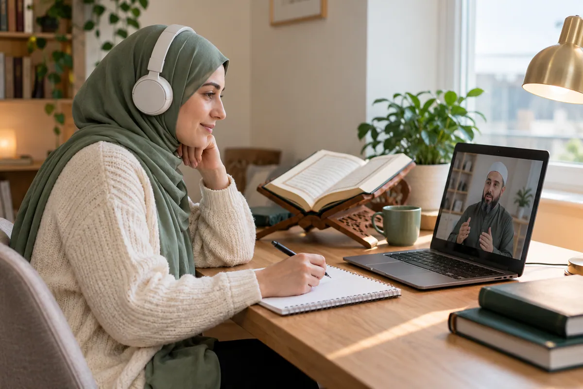 An adult woman in a sage hijab listening carefully to a Quran recitation lesson through headphones in a calm home study with Quran learning materials