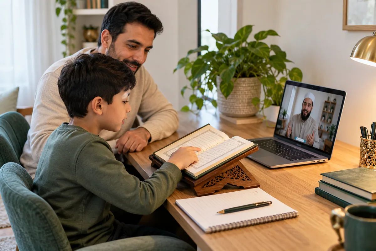 A father in modest casual clothes helping his 10-year-old son practise Quran reading with an online tutor in a calm home study with Quran learning materials