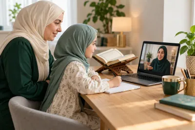 A mother in an ivory hijab and her young daughter, both attentive to a female teacher on a laptop in a calm home study with Quran learning materials