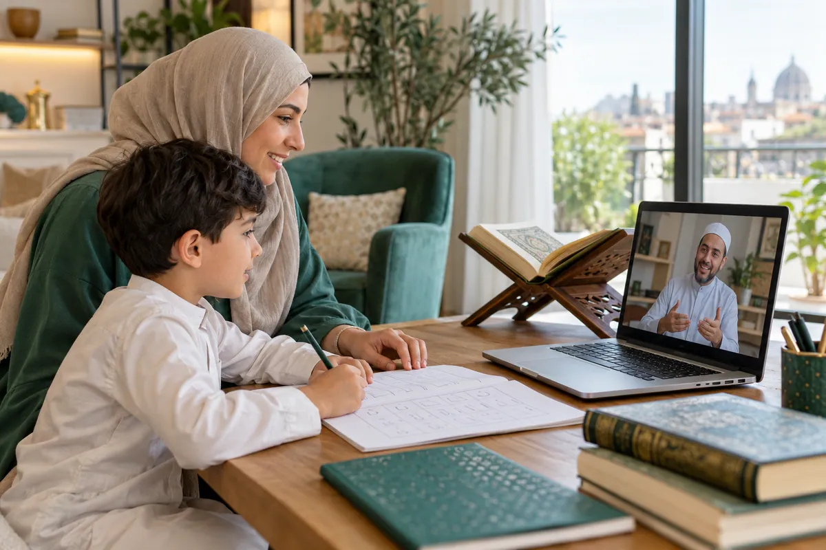 A mother and her 8-year-old son preparing an Arabic beginner workbook for a live Quran lesson in a calm home study with Quran learning materials