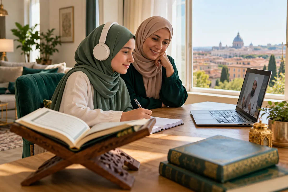A parent sitting nearby while a teenage girl follows an online Tajweed lesson in a calm home study with Quran learning materials