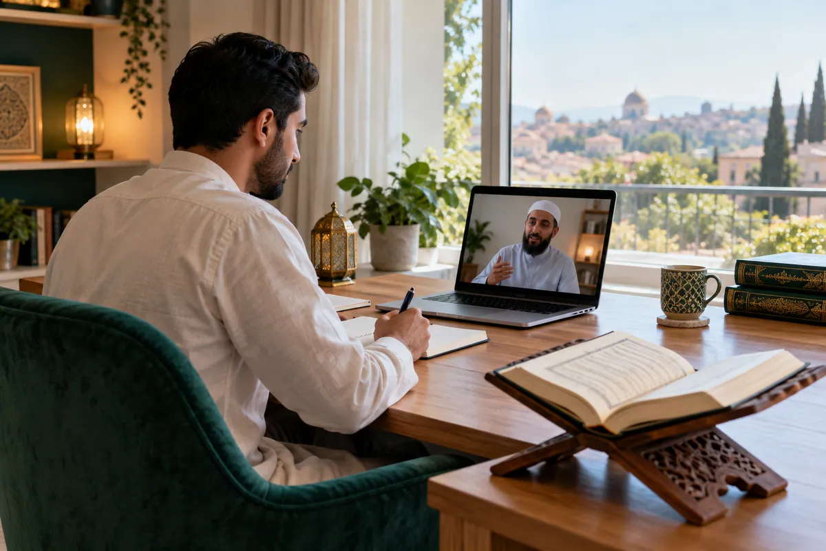 An adult Muslim man revising a short Quran passage during a calm one-to-one video lesson in a calm home study with Quran learning materials
