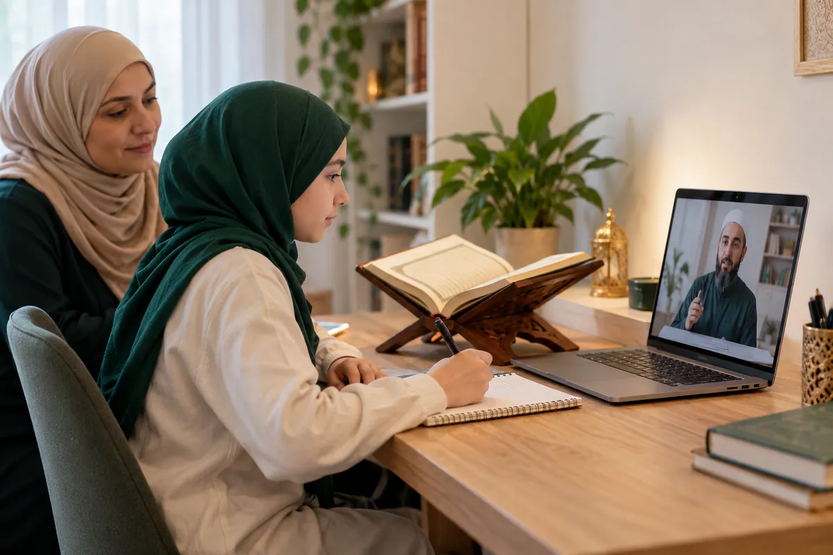 A parent sitting nearby while a teenage girl follows an online Tajweed lesson in a calm home study with Quran learning materials