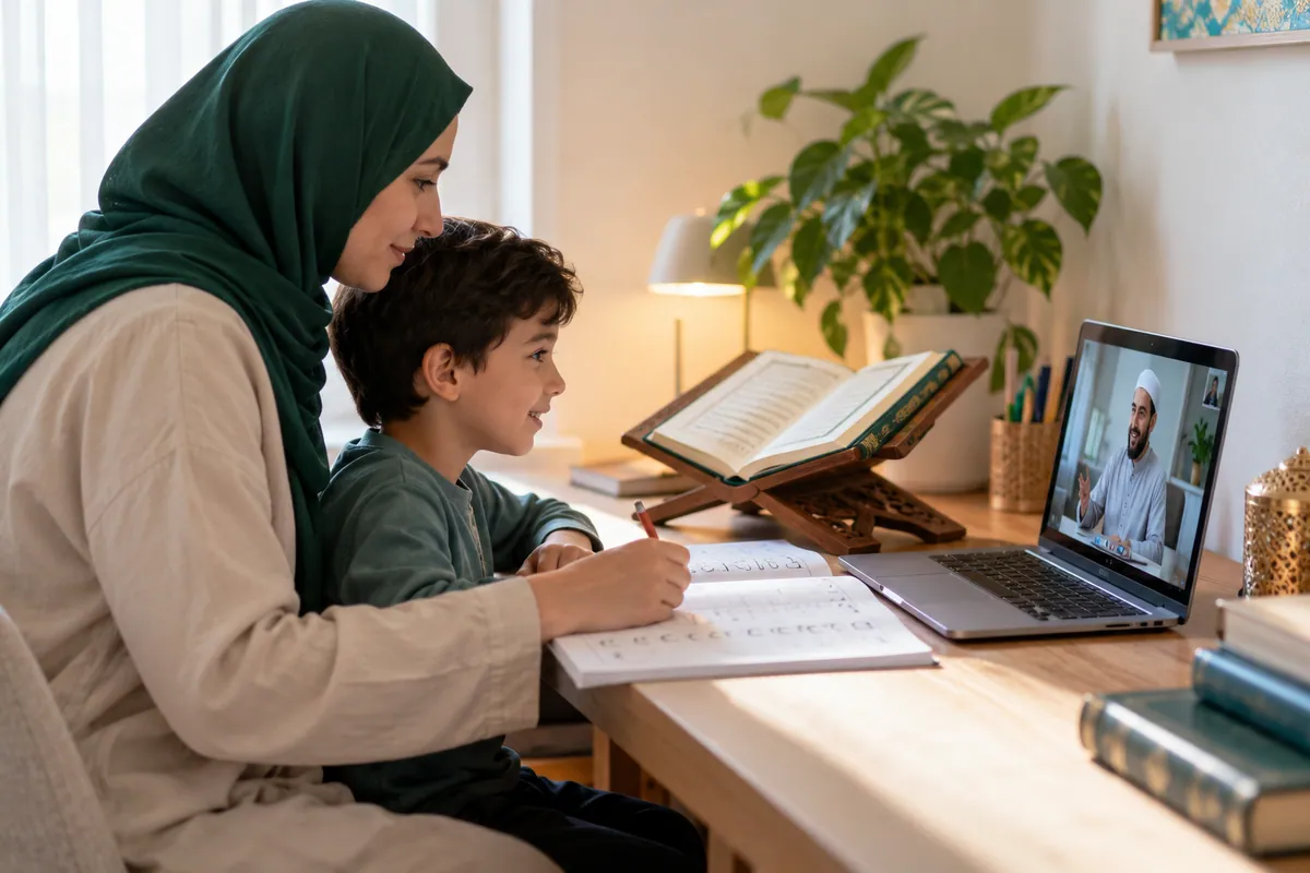 A mother and her 8-year-old son preparing an Arabic beginner workbook for a live Quran lesson in a calm home study with Quran learning materials