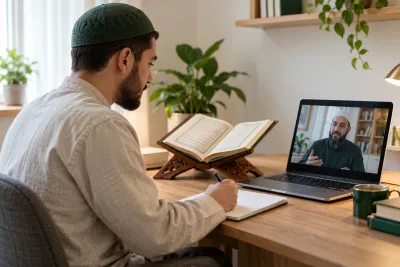 An adult Muslim man revising a short Quran passage during a calm one-to-one video lesson in a calm home study with Quran learning materials