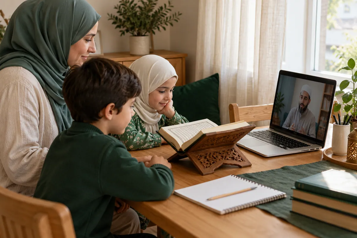 A mother and two school-age siblings sharing a short Quran practice routine before separate online lessons in a calm home study with Quran learning materials