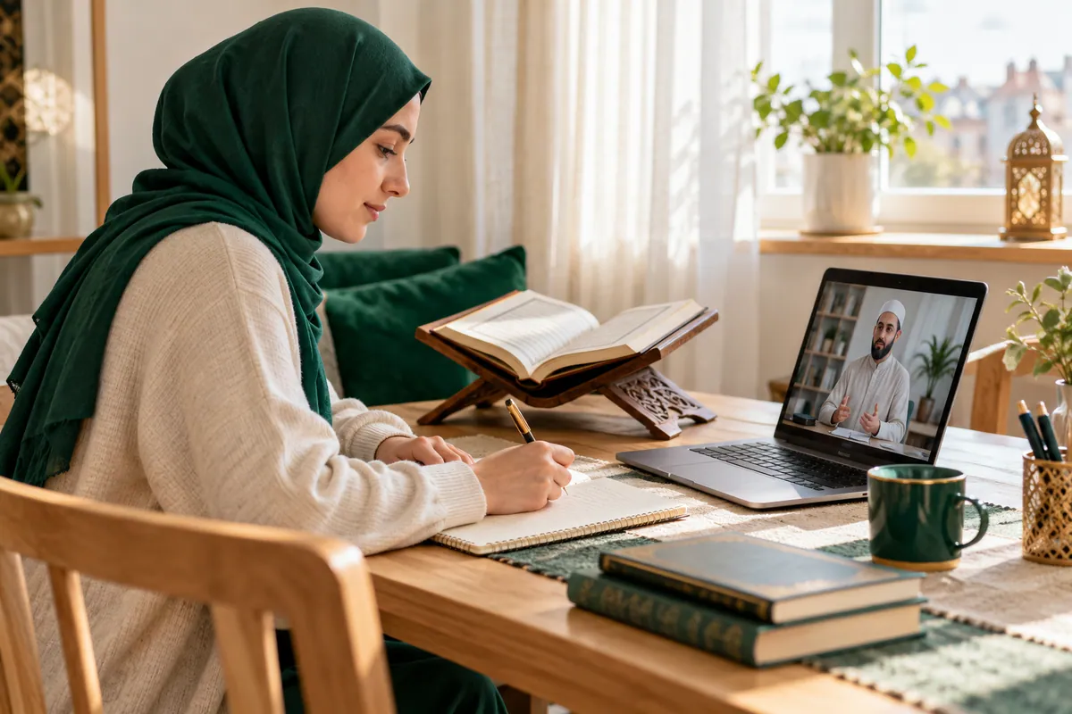 A young adult learner in modest clothes taking Arabic vocabulary notes beside a laptop in a calm home study with Quran learning materials