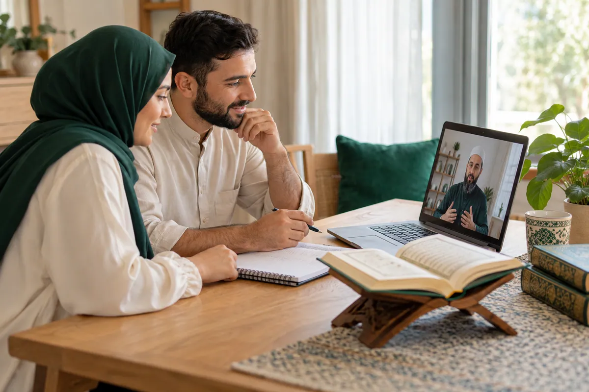 A Muslim couple comparing a practice notebook with an online teacher during a family learning conversation in a calm home study with Quran learning materials