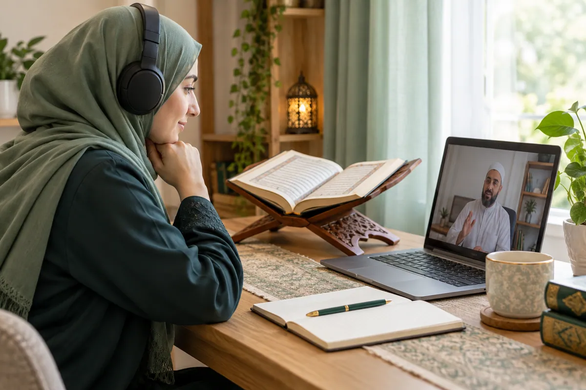 An adult woman in a sage hijab listening carefully to a Quran recitation lesson through headphones in a calm home study with Quran learning materials