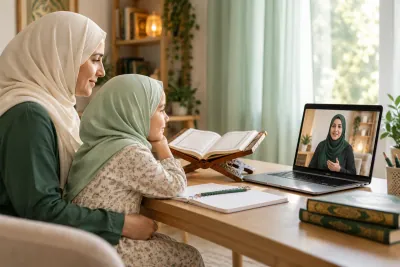 A mother in an ivory hijab and her young daughter, both attentive to a female teacher on a laptop in a calm home study with Quran learning materials