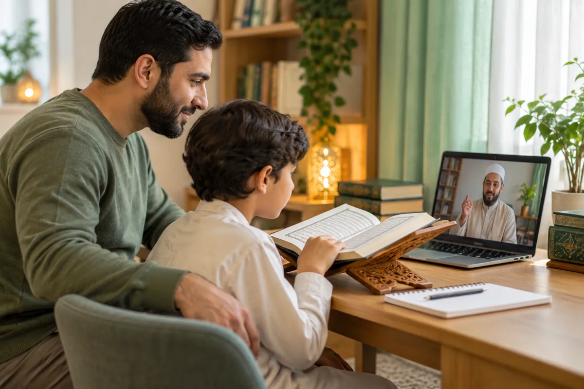 A father in modest casual clothes helping his 10-year-old son practise Quran reading with an online tutor in a calm home study with Quran learning materials