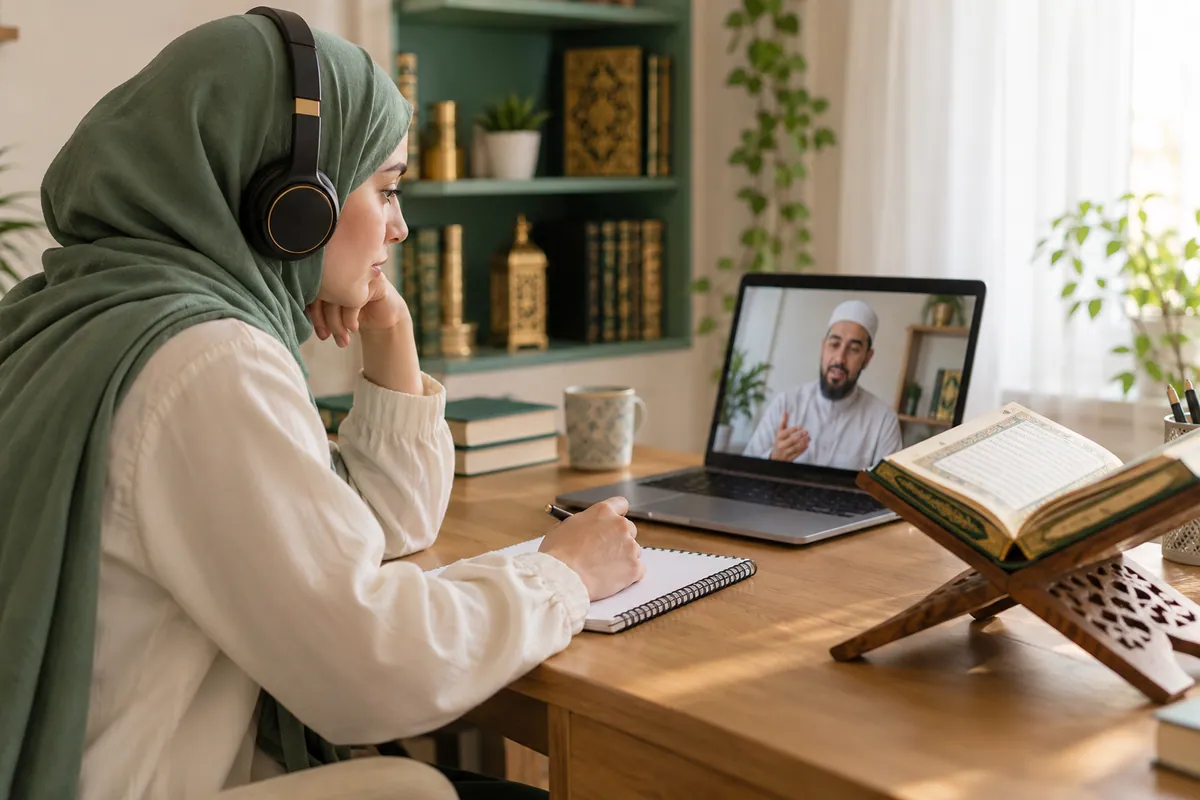 An adult woman in a sage hijab listening carefully to a Quran recitation lesson through headphones in a calm home study with Quran learning materials