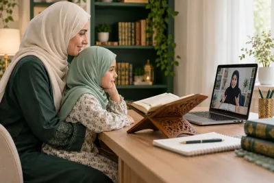A mother in an ivory hijab and her young daughter, both attentive to a female teacher on a laptop in a calm home study with Quran learning materials