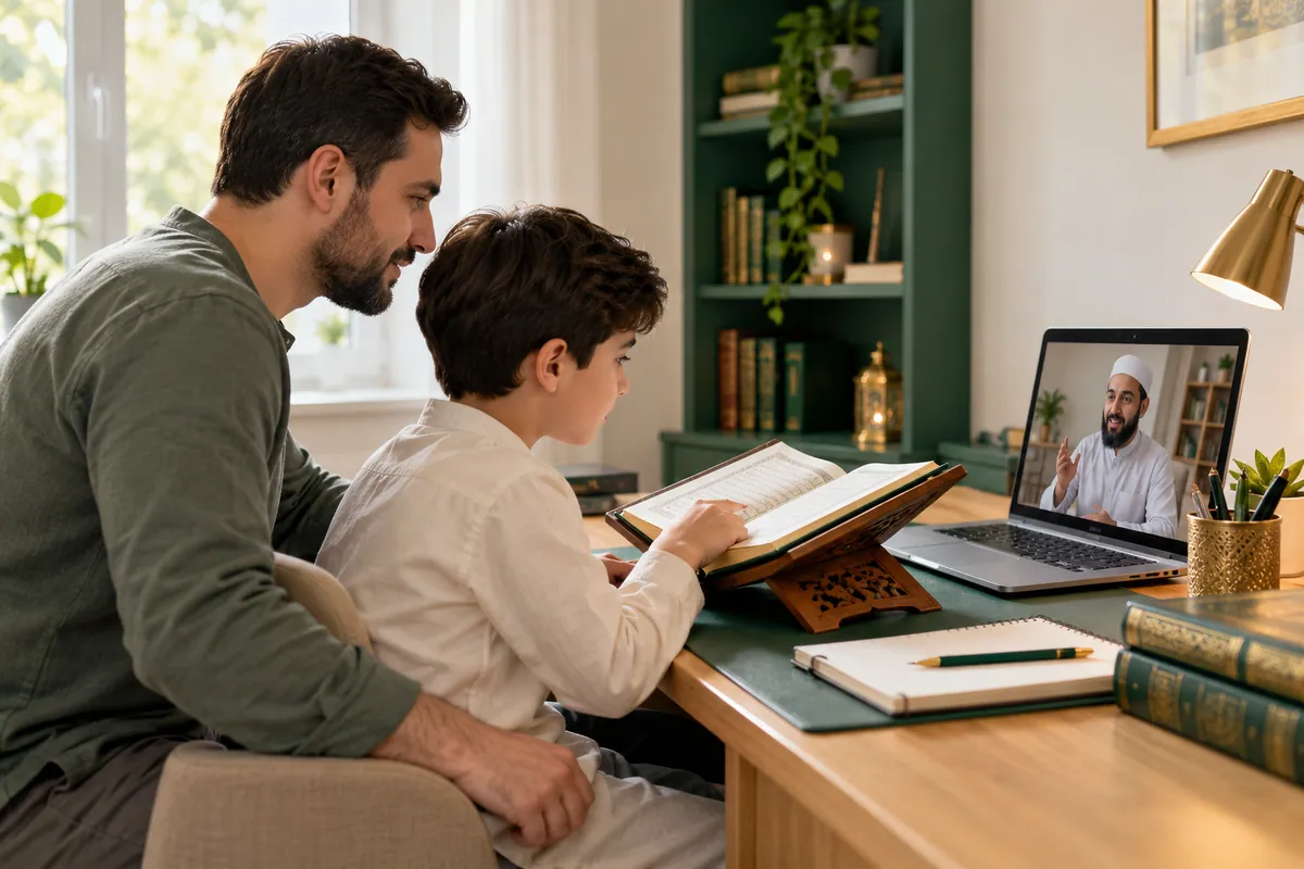 A father in modest casual clothes helping his 10-year-old son practise Quran reading with an online tutor in a calm home study with Quran learning materials