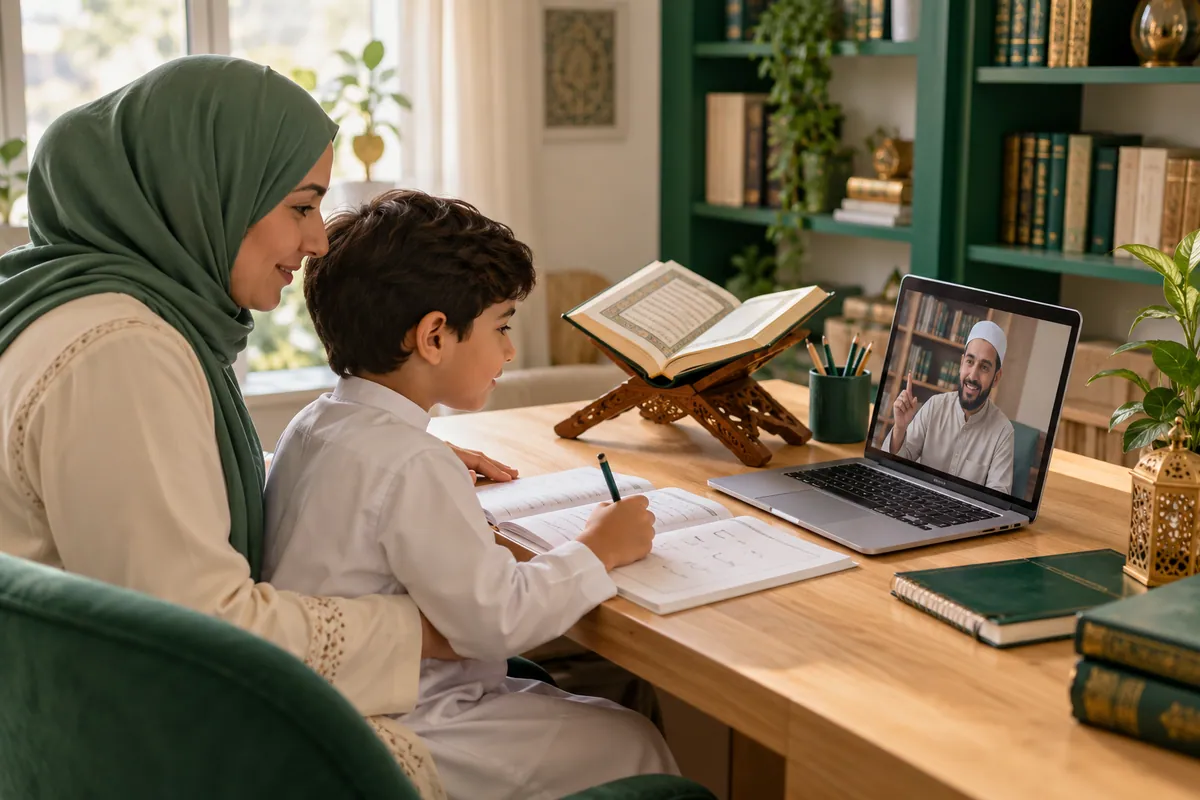 A mother and her 8-year-old son preparing an Arabic beginner workbook for a live Quran lesson in a calm home study with Quran learning materials