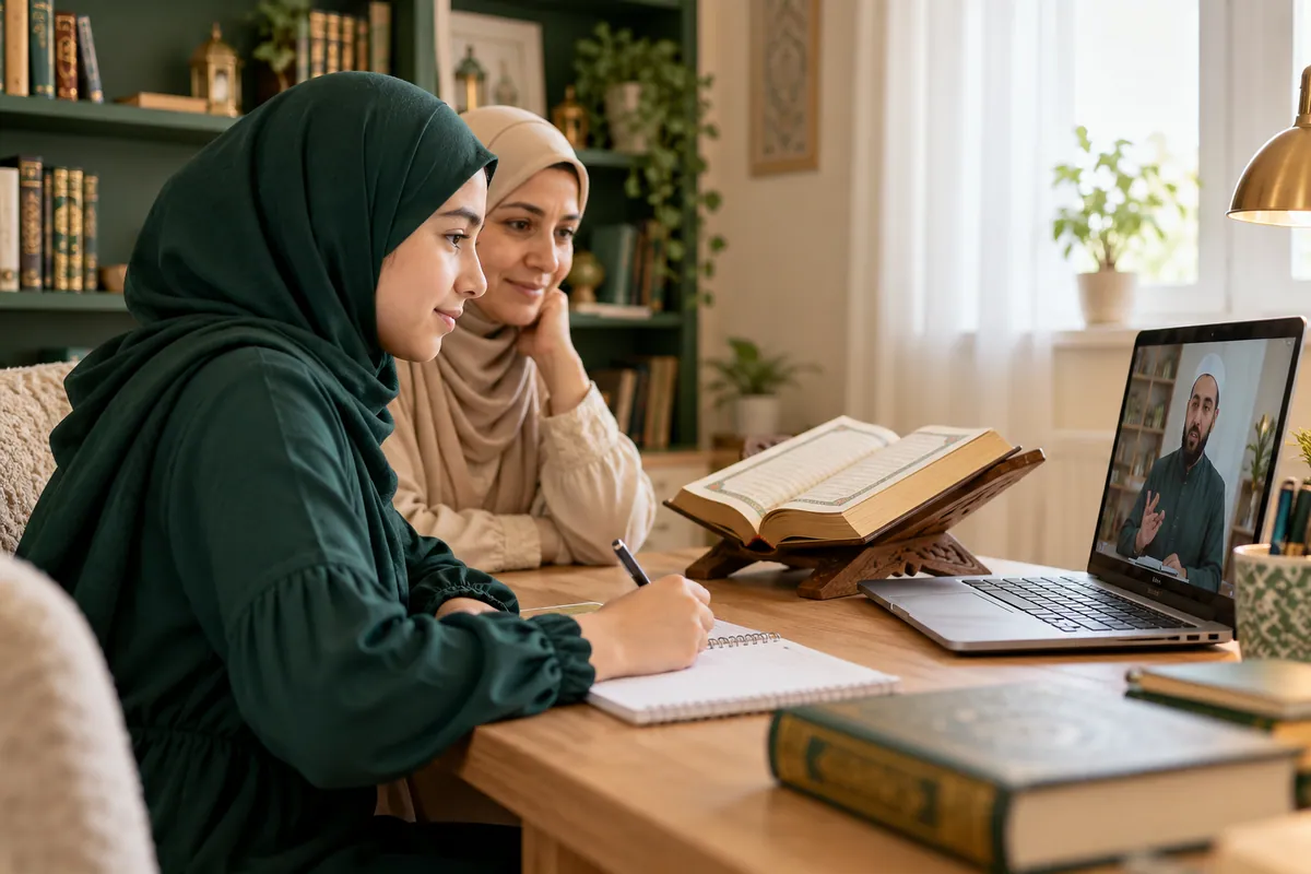 A parent sitting nearby while a teenage girl follows an online Tajweed lesson in a calm home study with Quran learning materials
