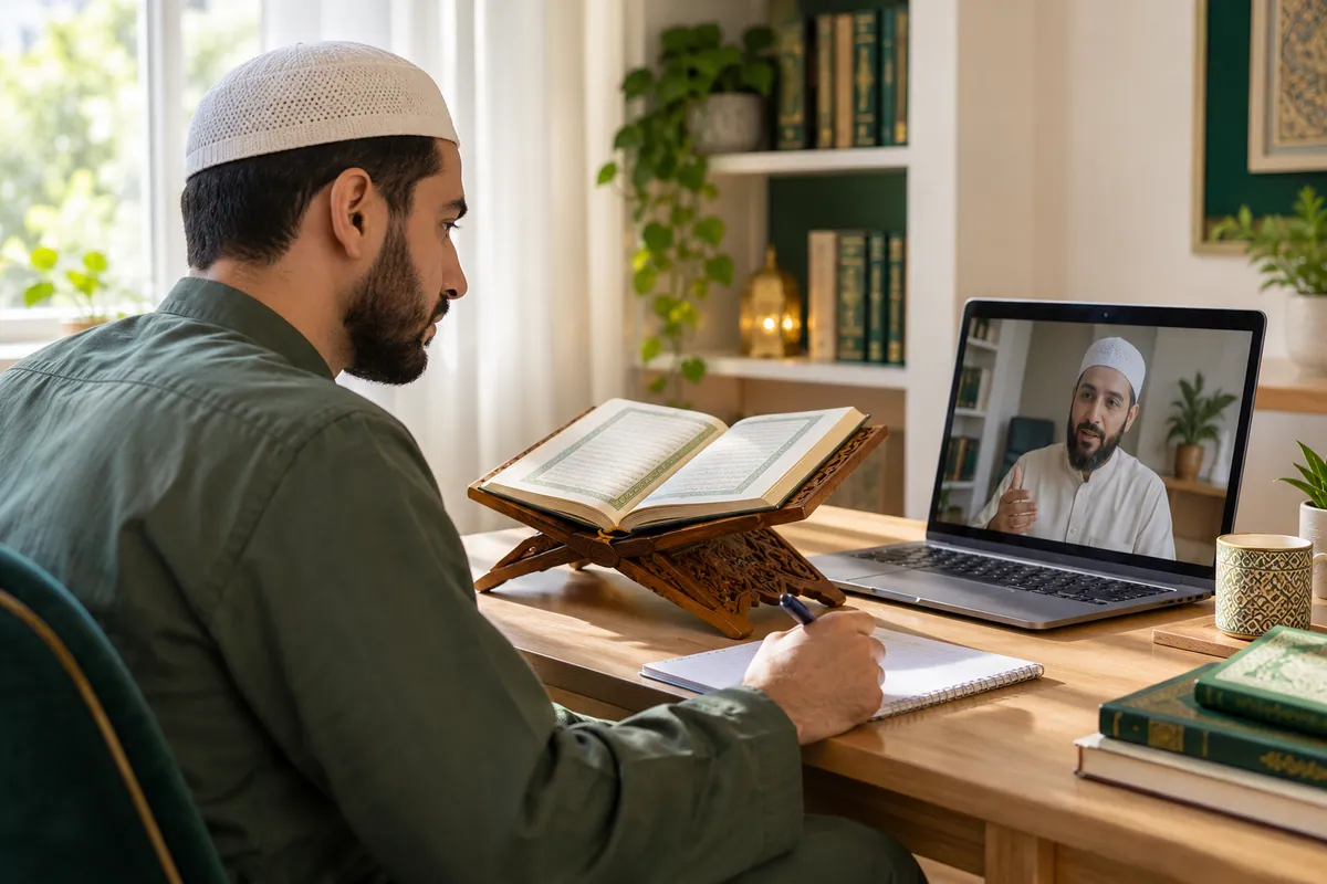 An adult Muslim man revising a short Quran passage during a calm one-to-one video lesson in a calm home study with Quran learning materials