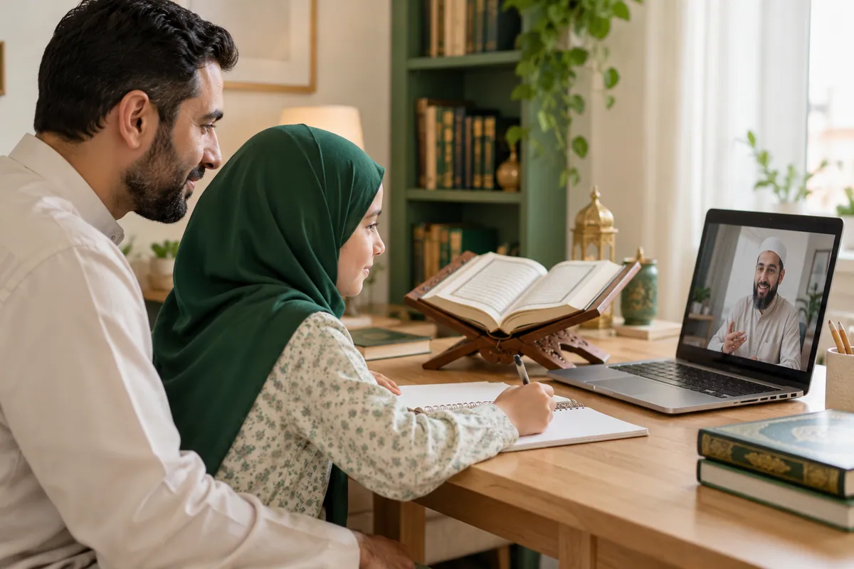 A father and daughter calmly reviewing their online Quran lesson at a small study table in a calm home study with Quran learning materials