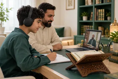 A teenage boy wearing headphones, with a parent nearby, following a teacher on a laptop in a calm home study with Quran learning materials
