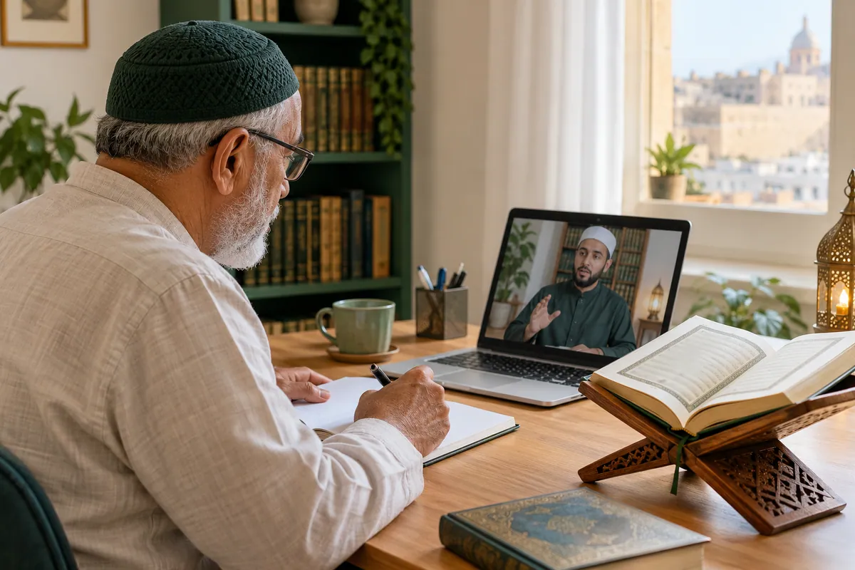 An older adult learner in glasses studying a Quran reading lesson on a large tablet in a calm home study with Quran learning materials