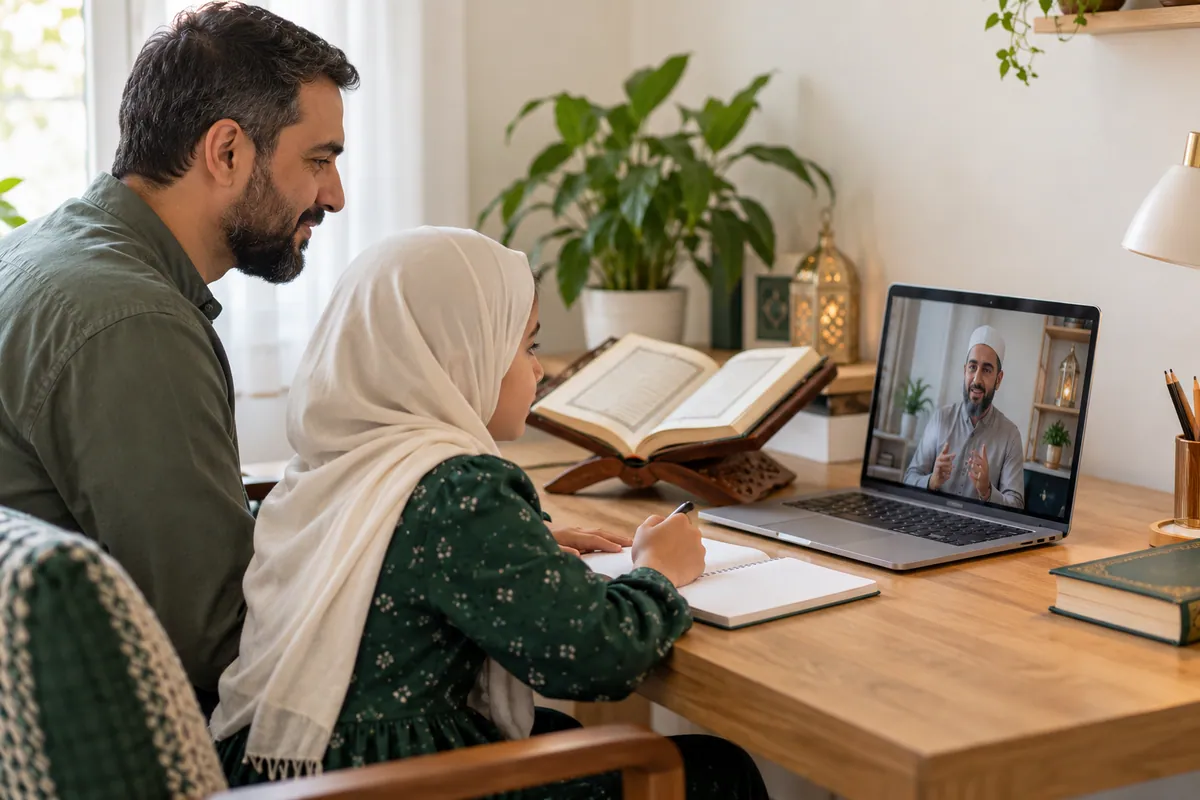 A father and daughter calmly reviewing their online Quran lesson at a small study table in a calm home study with Quran learning materials
