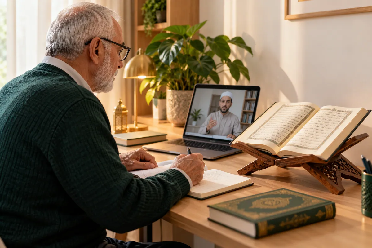 An older adult learner in glasses studying a Quran reading lesson on a large tablet in a calm home study with Quran learning materials