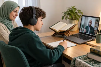 A teenage boy wearing headphones, with a parent nearby, following a teacher on a laptop in a calm home study with Quran learning materials