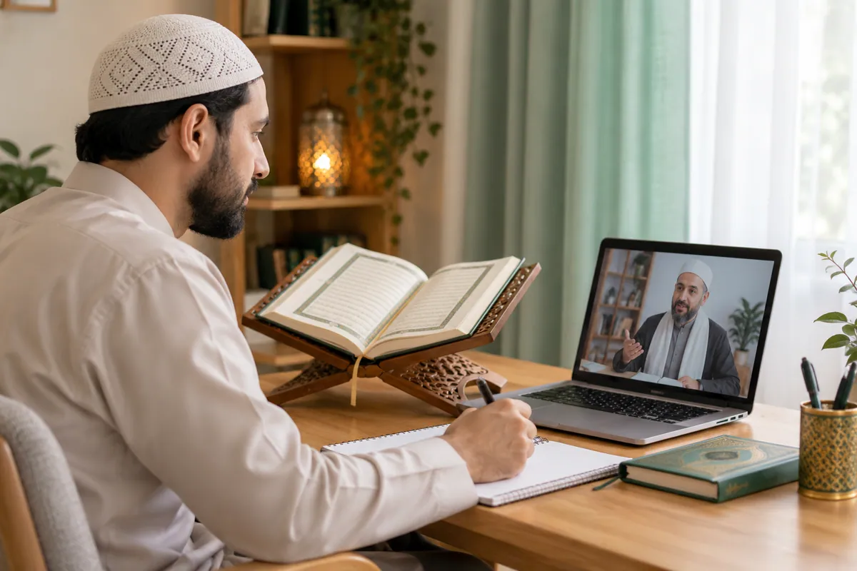 An adult Muslim man revising a short Quran passage during a calm one-to-one video lesson in a calm home study with Quran learning materials