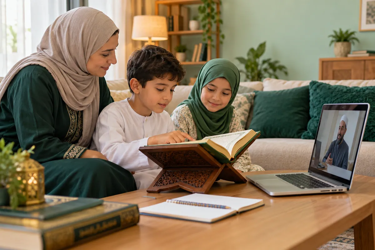 A mother and two school-age siblings sharing a short Quran practice routine before separate online lessons in a calm home study with Quran learning materials