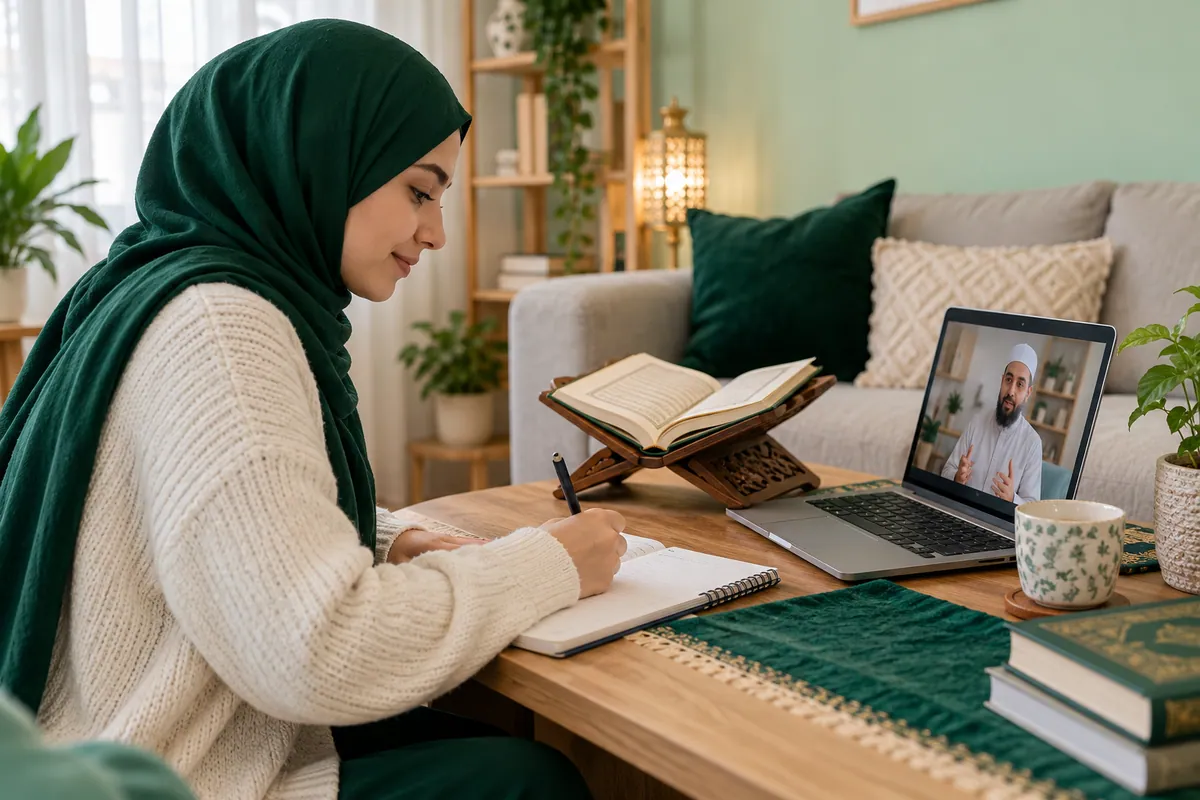 A young adult learner in modest clothes taking Arabic vocabulary notes beside a laptop in a calm home study with Quran learning materials