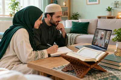 A Muslim couple comparing a practice notebook with an online teacher during a family learning conversation in a calm home study with Quran learning materials