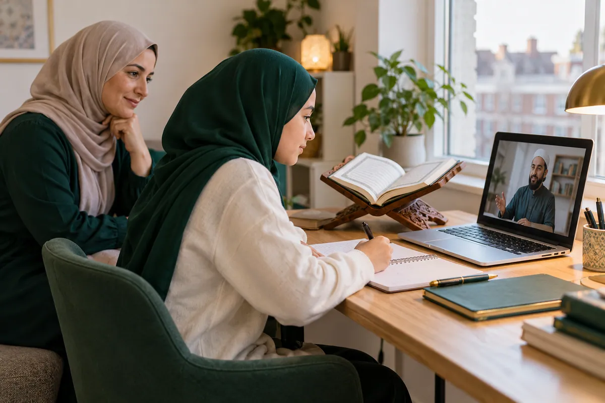 A parent sitting nearby while a teenage girl follows an online Tajweed lesson in a calm home study with Quran learning materials