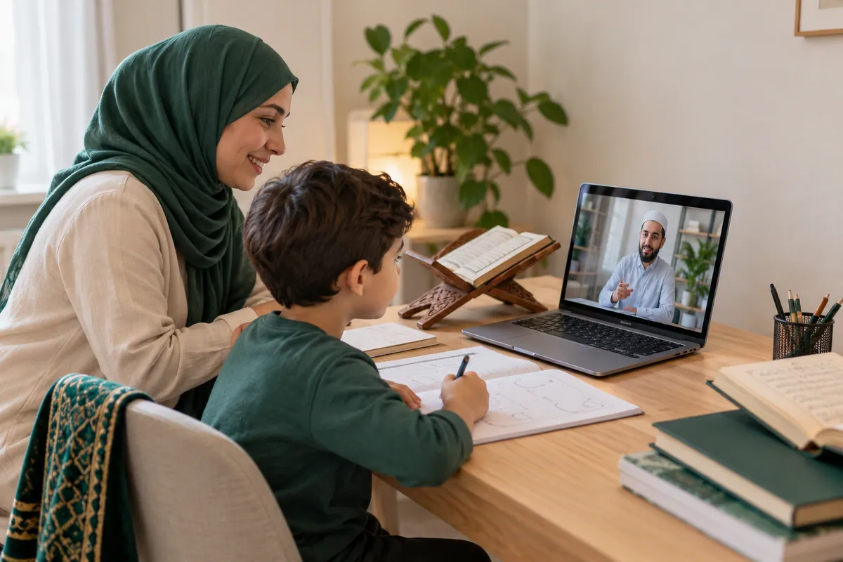 A mother and her 8-year-old son preparing an Arabic beginner workbook for a live Quran lesson in a calm home study with Quran learning materials