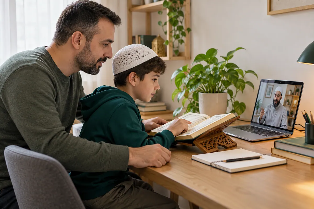 A father in modest casual clothes helping his 10-year-old son practise Quran reading with an online tutor in a calm home study with Quran learning materials