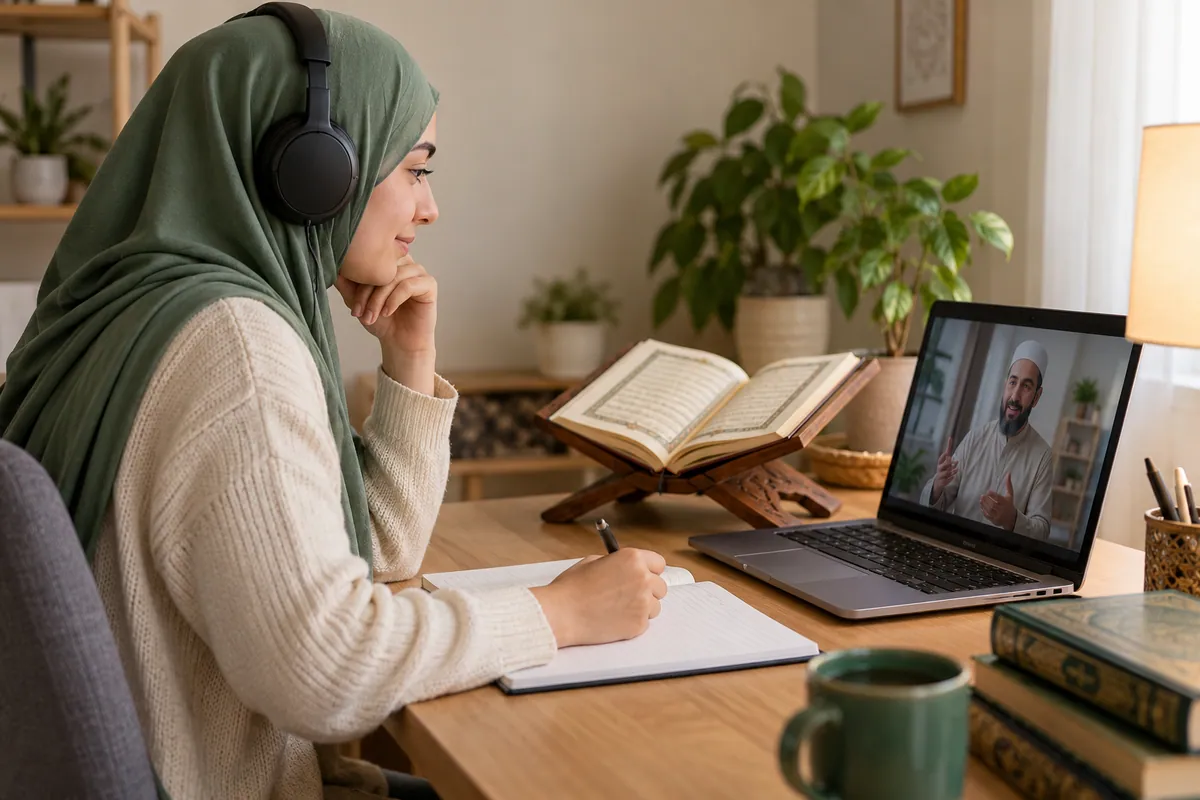 An adult woman in a sage hijab listening carefully to a Quran recitation lesson through headphones in a calm home study with Quran learning materials
