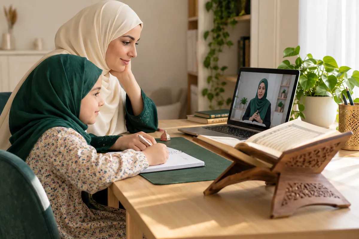 A mother in an ivory hijab and her young daughter, both attentive to a female teacher on a laptop in a calm home study with Quran learning materials