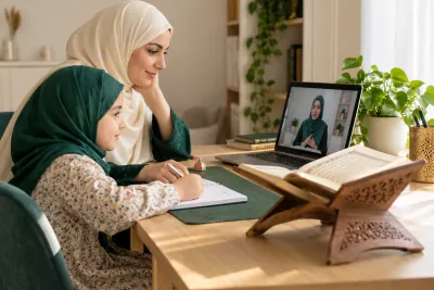 A mother in an ivory hijab and her young daughter, both attentive to a female teacher on a laptop in a calm home study with Quran learning materials