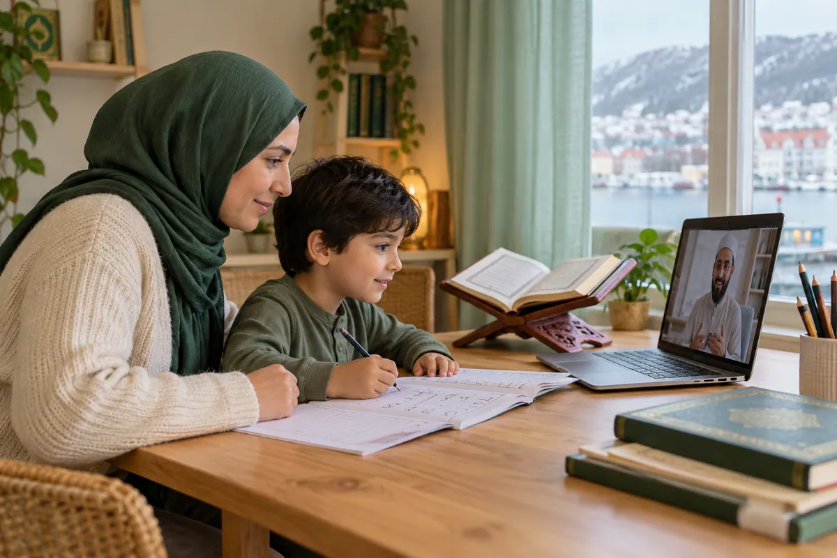 A mother and her 8-year-old son preparing an Arabic beginner workbook for a live Quran lesson in a calm home study with Quran learning materials