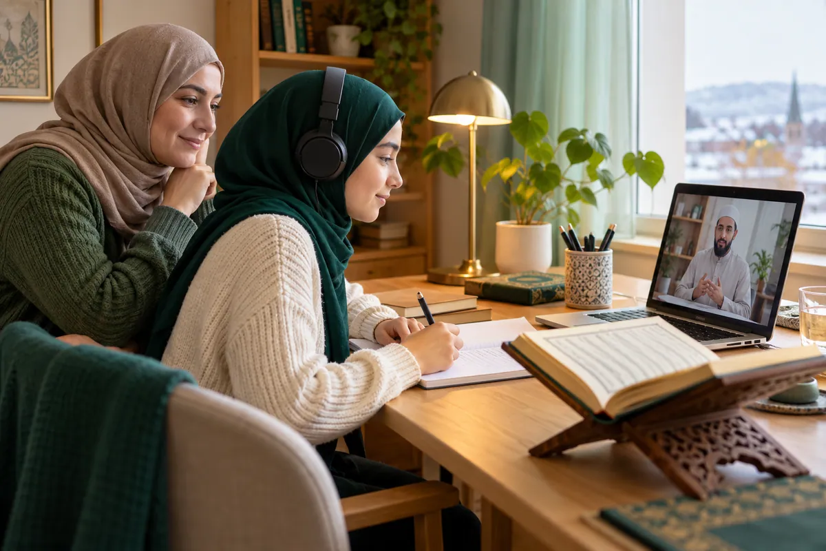 A parent sitting nearby while a teenage girl follows an online Tajweed lesson in a calm home study with Quran learning materials
