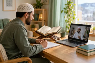 An adult Muslim man revising a short Quran passage during a calm one-to-one video lesson in a calm home study with Quran learning materials