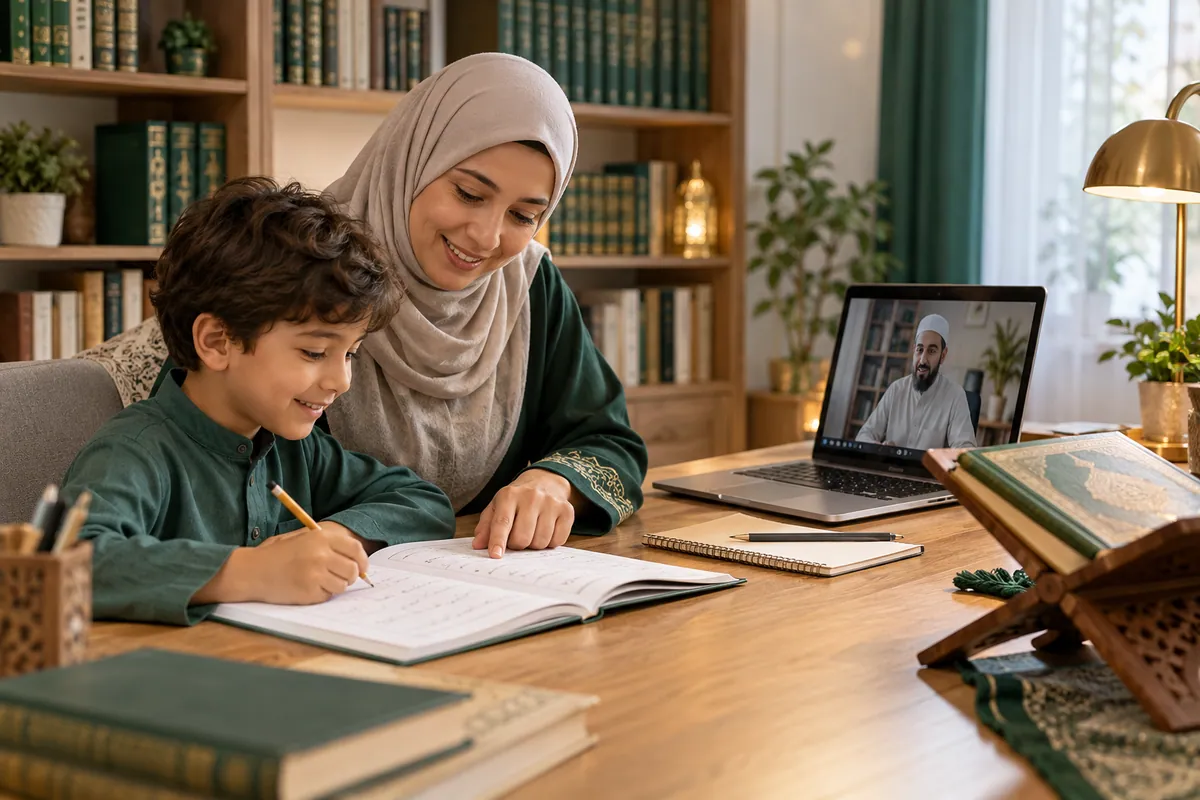 A mother and her 8-year-old son preparing an Arabic beginner workbook for a live Quran lesson in a calm home study with Quran learning materials