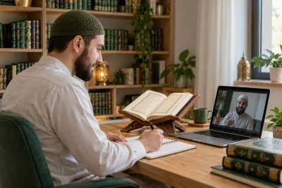 An adult Muslim man revising a short Quran passage during a calm one-to-one video lesson in a calm home study with Quran learning materials