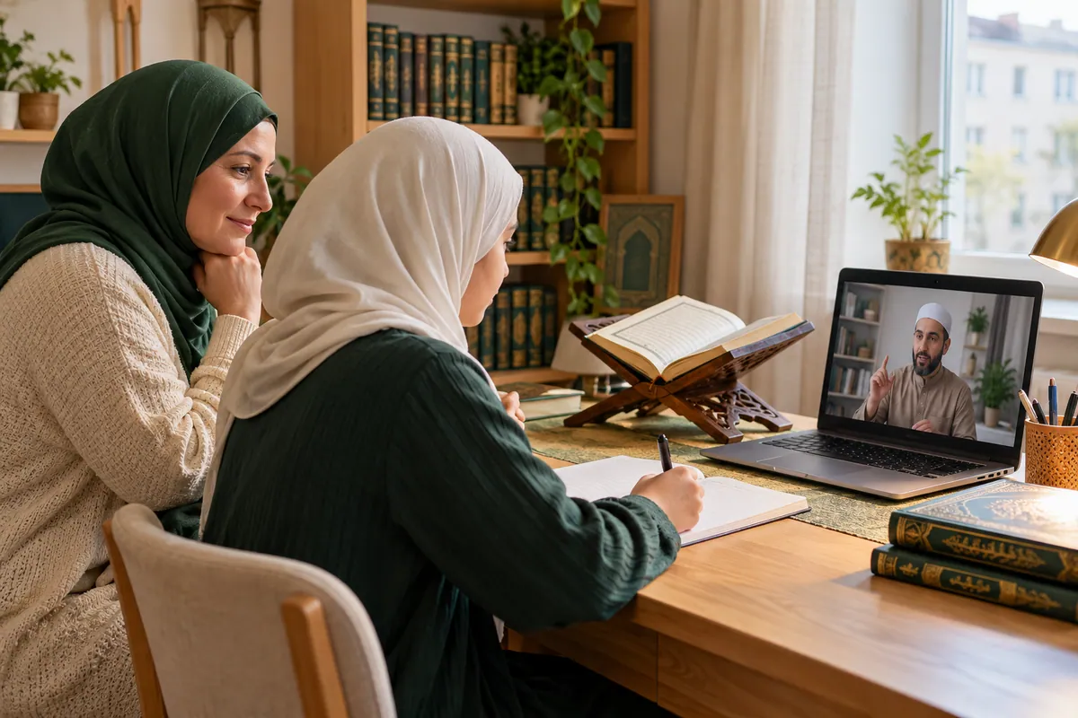 A parent sitting nearby while a teenage girl follows an online Tajweed lesson in a calm home study with Quran learning materials