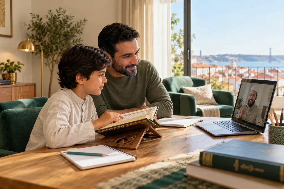 A father in modest casual clothes helping his 10-year-old son practise Quran reading with an online tutor in a calm home study with Quran learning materials