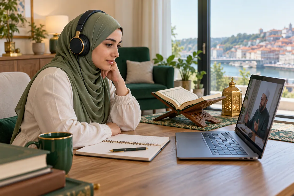 An adult woman in a sage hijab listening carefully to a Quran recitation lesson through headphones in a calm home study with Quran learning materials