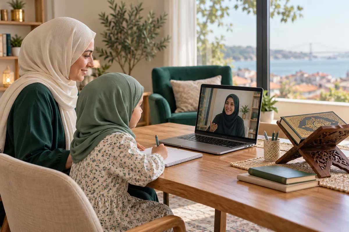 A mother in an ivory hijab and her young daughter, both attentive to a female teacher on a laptop in a calm home study with Quran learning materials