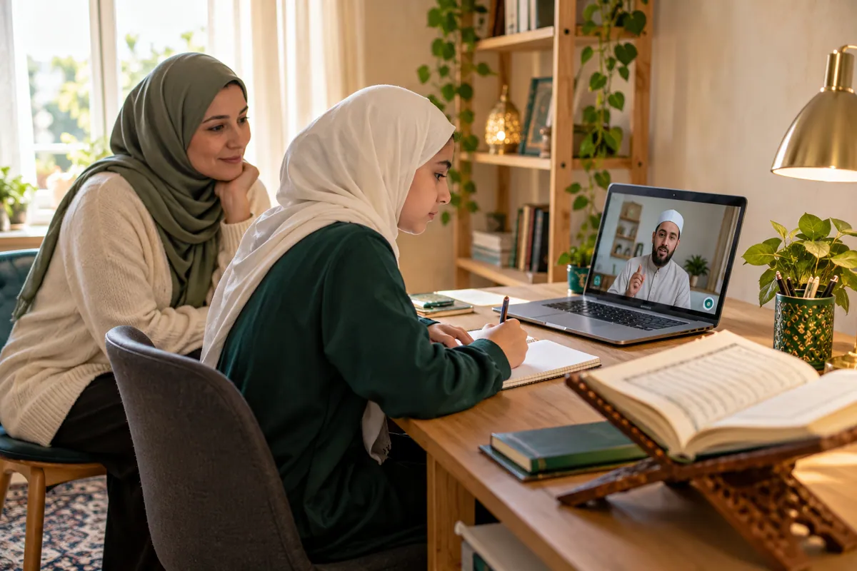A parent sitting nearby while a teenage girl follows an online Tajweed lesson in a calm home study with Quran learning materials