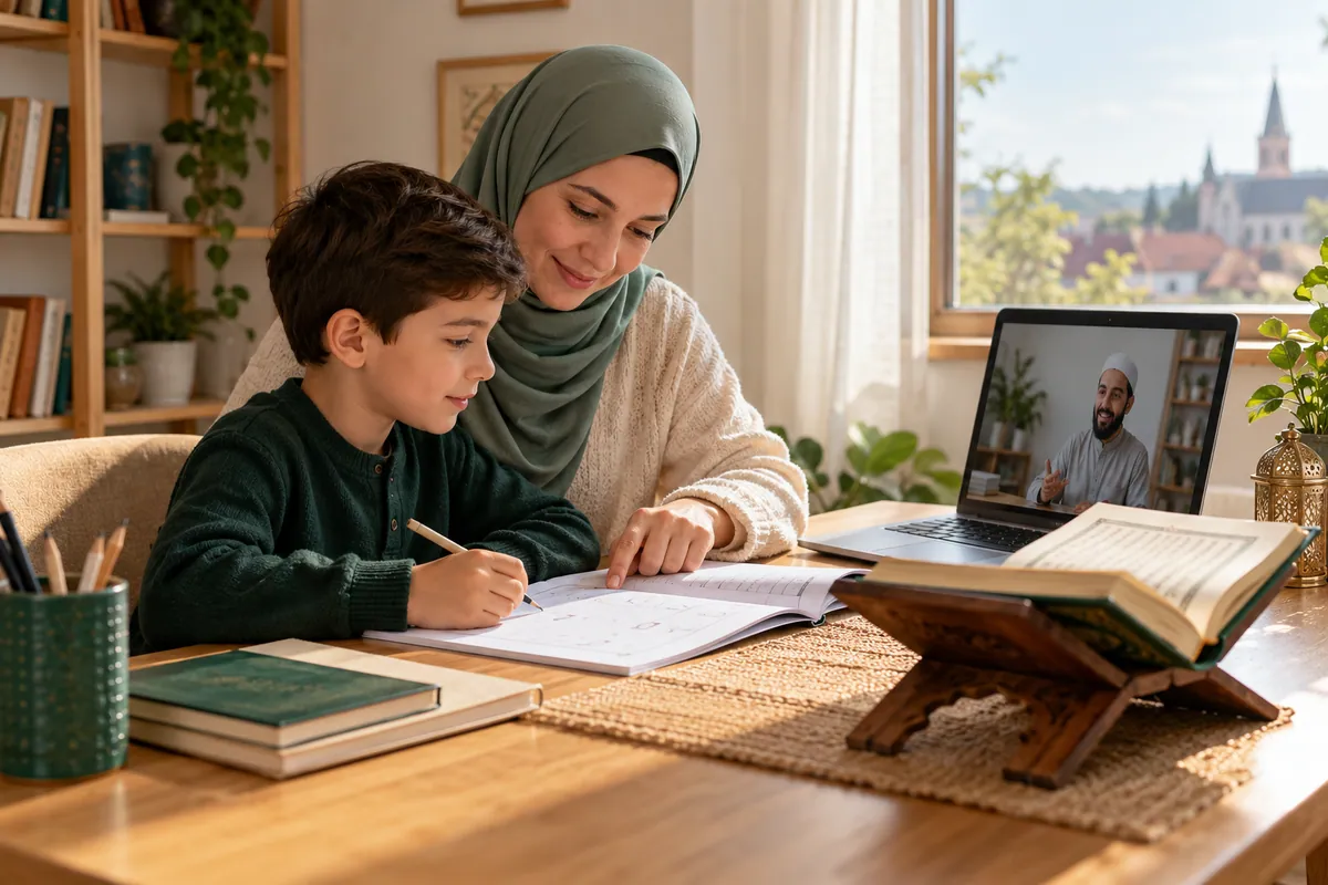 A mother and her 8-year-old son preparing an Arabic beginner workbook for a live Quran lesson in a calm home study with Quran learning materials