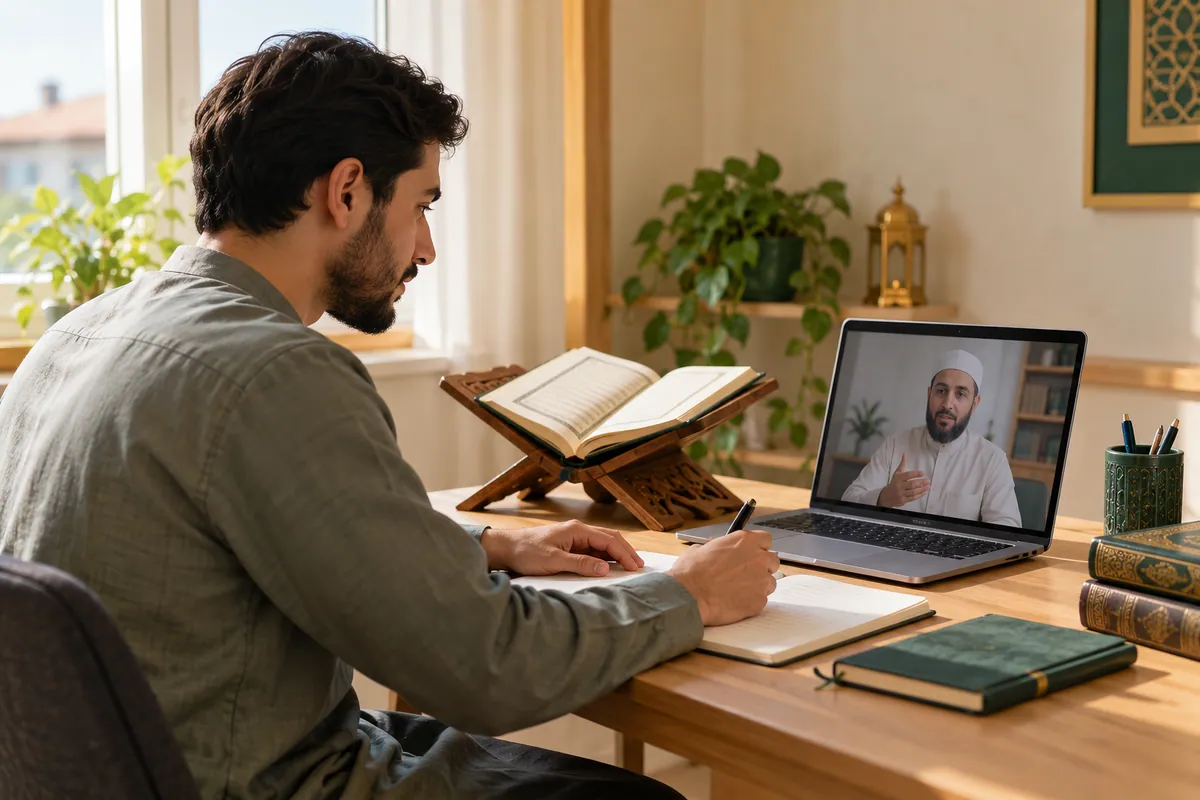 An adult Muslim man revising a short Quran passage during a calm one-to-one video lesson in a calm home study with Quran learning materials